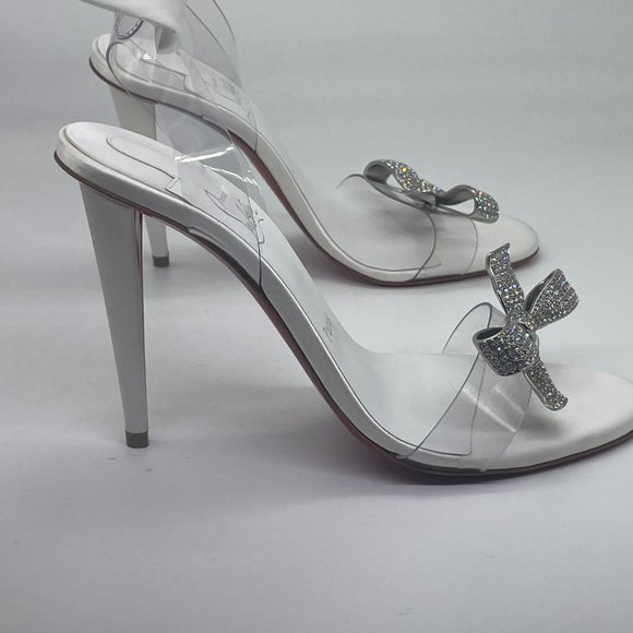 Christian Louboutin ASTRINODO Crystal Bow Silk Tie PVC Heels Sandals Shoes - Picture 8 of 16